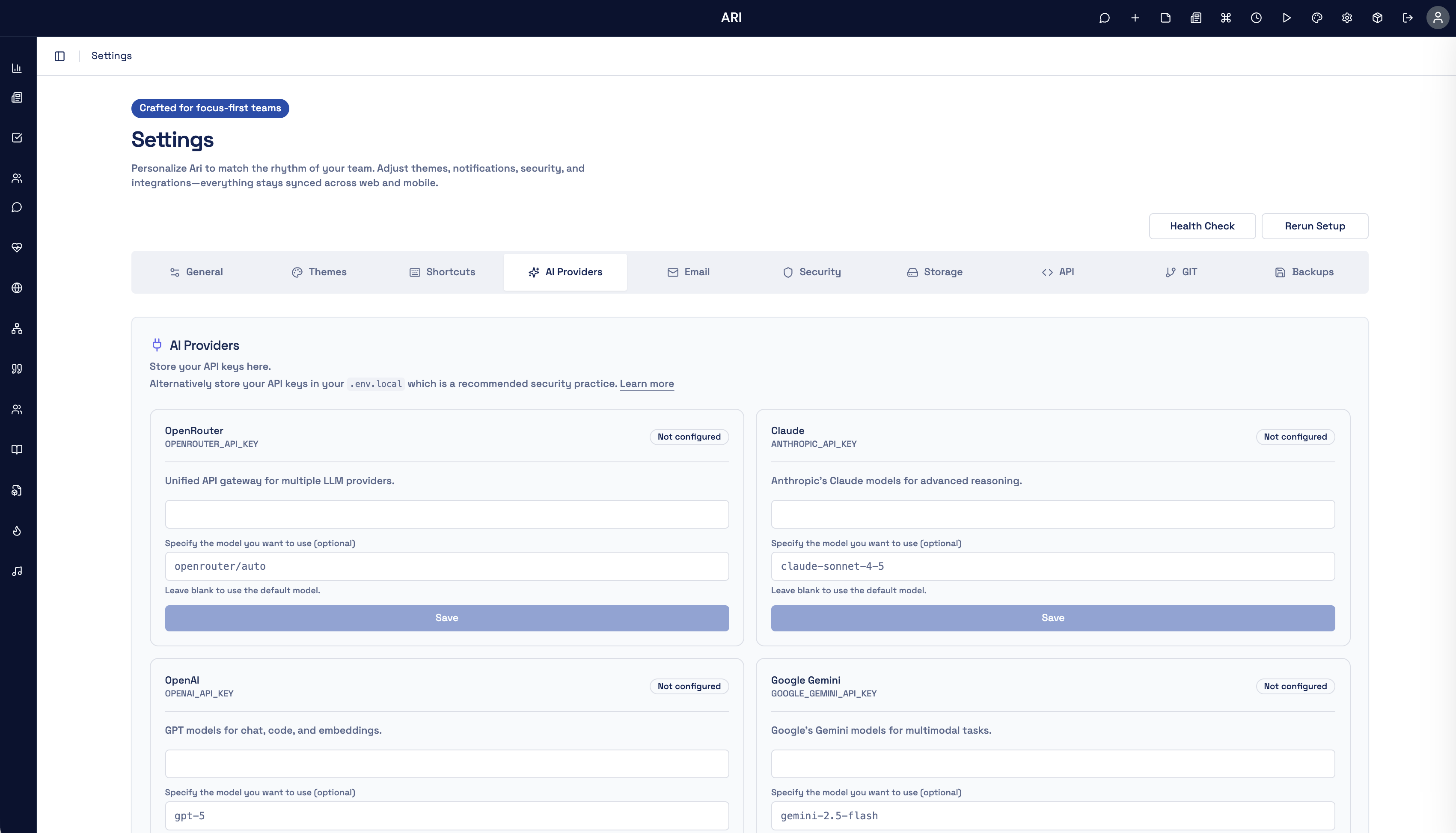 ARI Settings page on the AI Providers tab showing API key fields and model overrides for OpenRouter, Claude, OpenAI, and Google Gemini