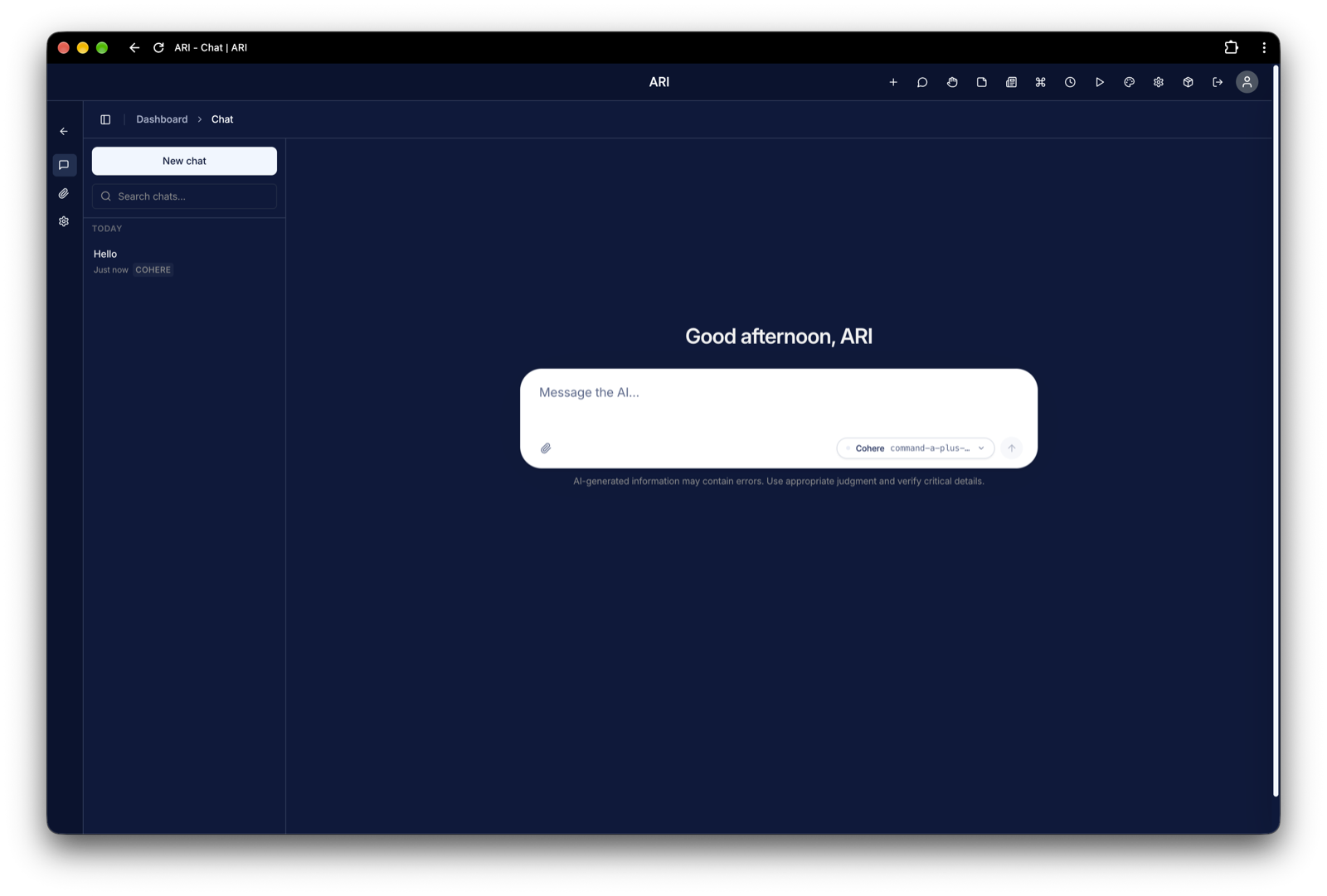 ARI running as a desktop app in its own window with no tabs or address bar, showing the Chat module