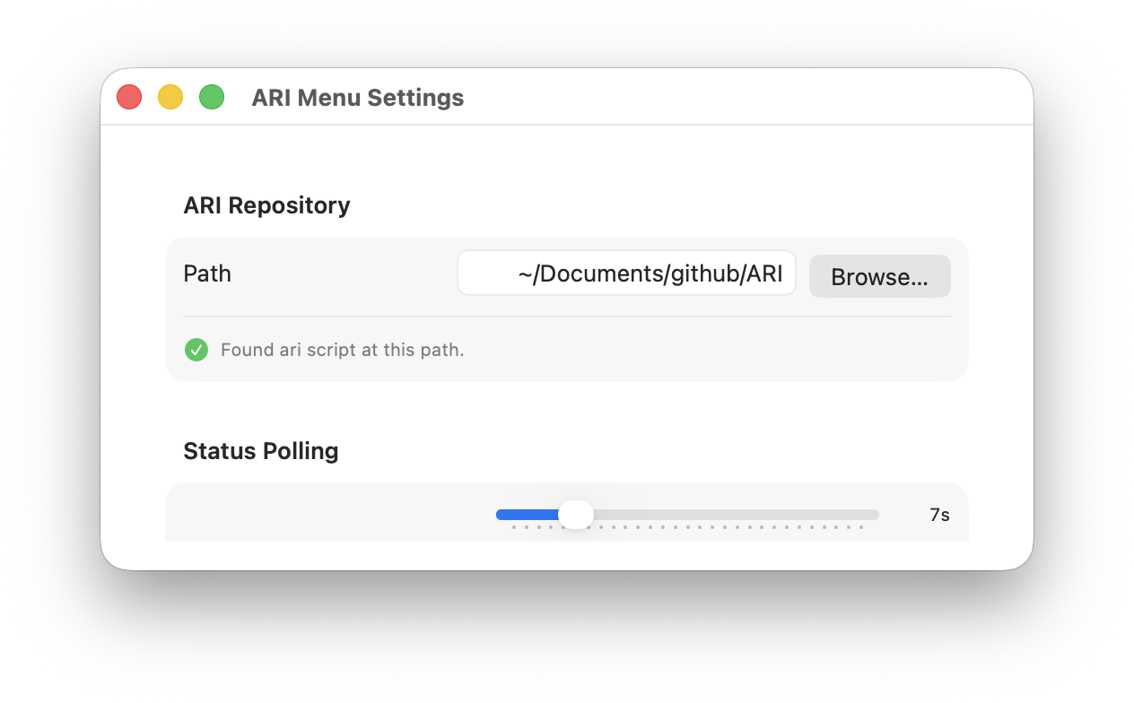 ARI Menu Settings window showing the ARI Repository path field with a green Found ari script at this path confirmation, and a Status Polling slider set to 7 seconds