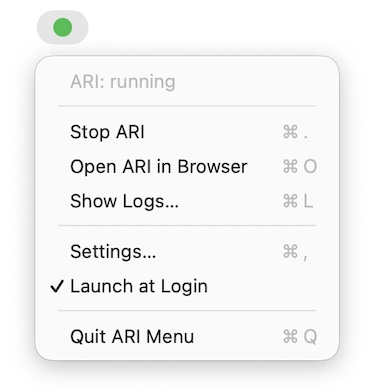 ARI Menu open in the macOS menu bar showing a green status indicator and Stop / Open / Logs / Settings options