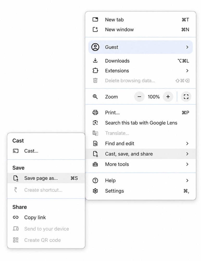 Chrome's More menu with Cast, save, and share highlighted, opening a submenu with Cast, Save and Share sections