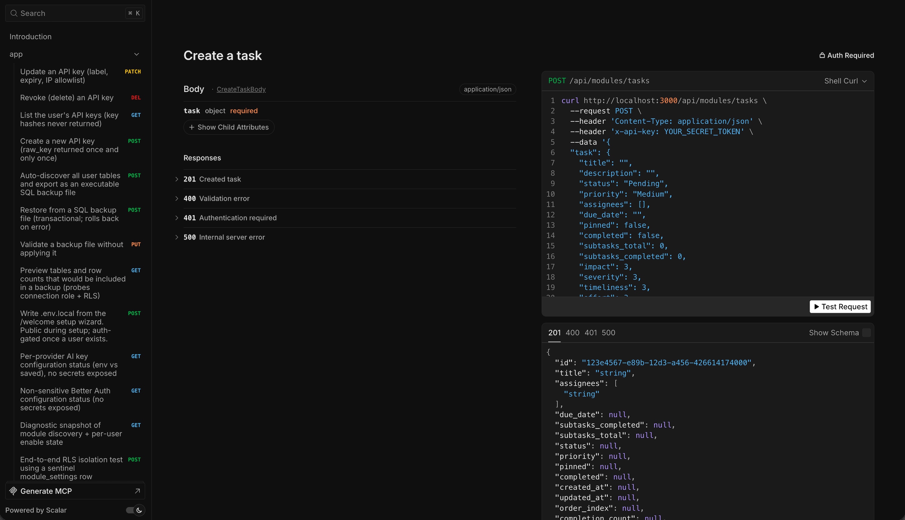 ARI Interactive API Docs showing the Create a task endpoint with its request body, responses, and a live curl example