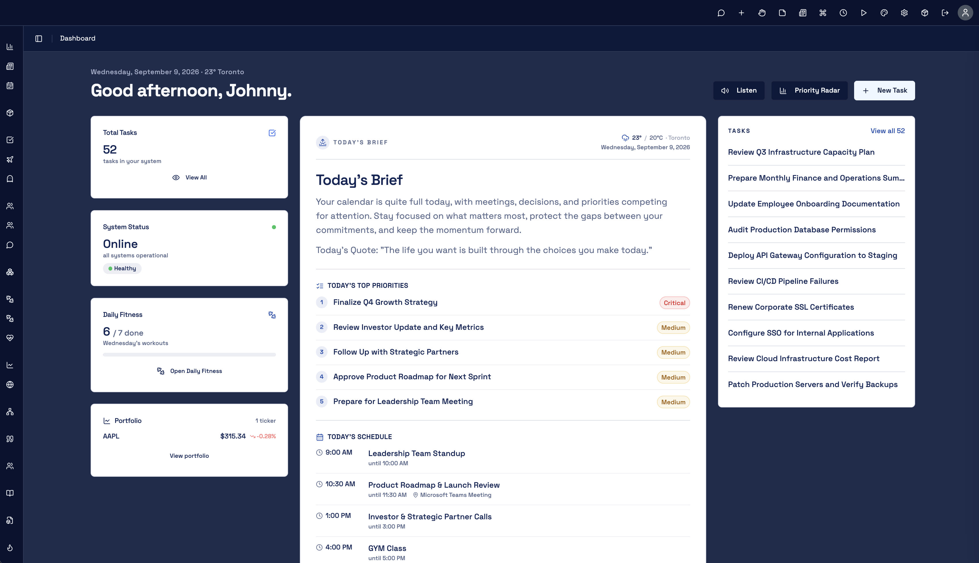 ARI dashboard showing the morning brief, tasks, and daily priorities