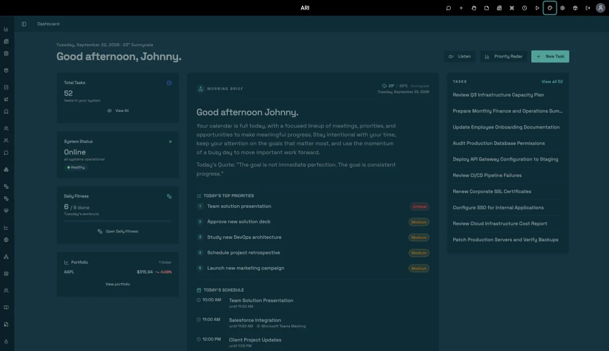 ARI dashboard in a retro pixel dark theme
