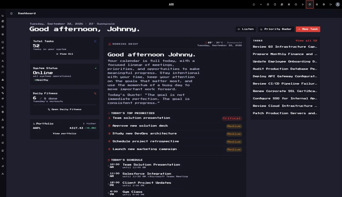 ARI dashboard in a monochrome light theme