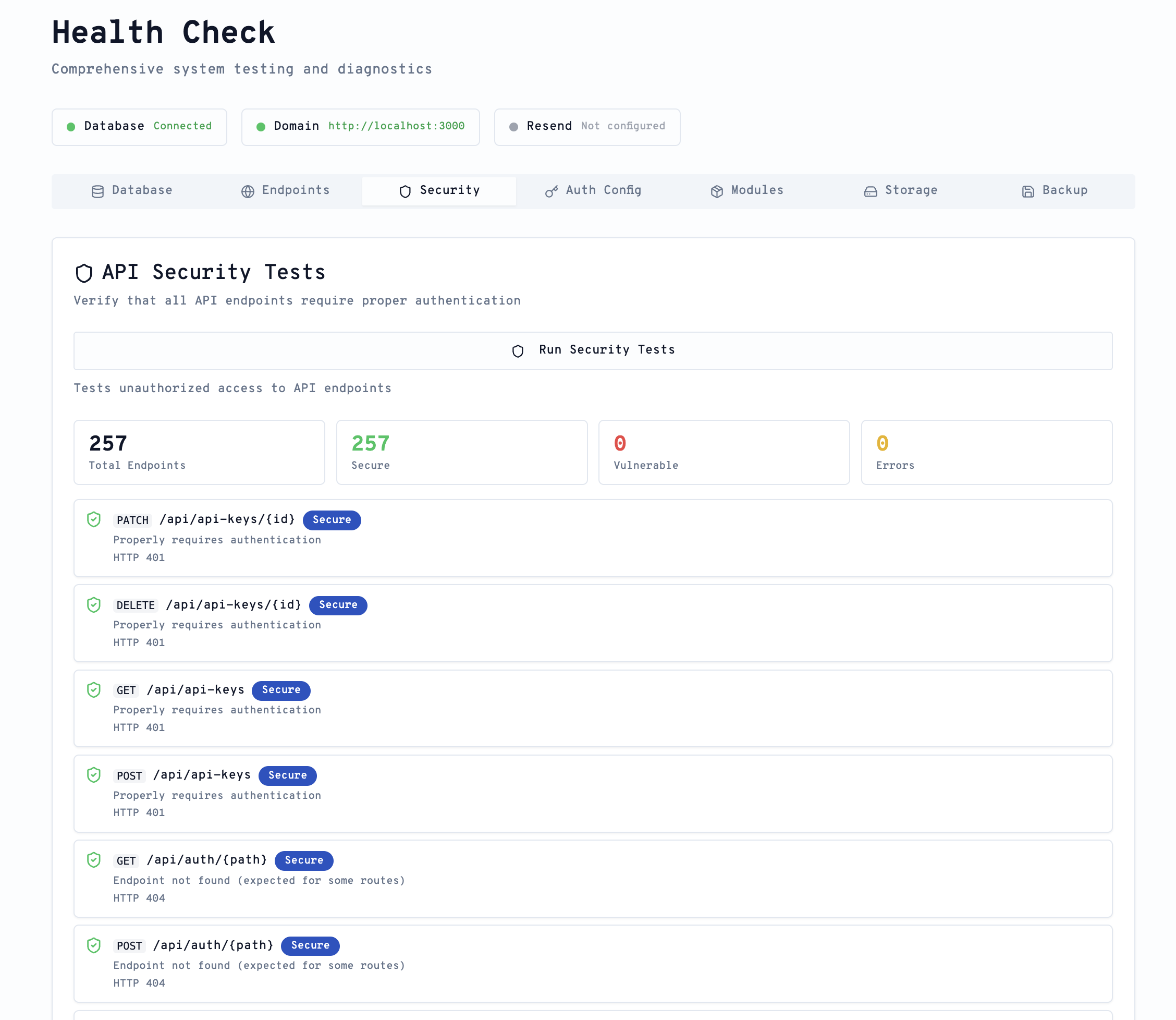 ARI Health Check page showing the Security tab with 257 endpoints tested, 257 secure, and 0 vulnerable